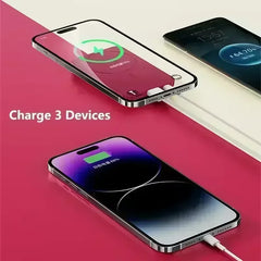 Smartphone with charging cable on a pink background, displaying 'Charge 3 Devices' text.