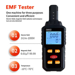 EMF Tester S8602 with digital display and buttons on a white background