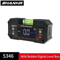 Digital angle gauge with bubble level on a white background, featuring the Shanhr brand.