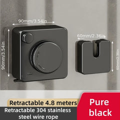 Black retractable cable lock with dimensions and material details on a gray background