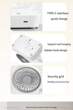 Double Head Desktop Oscillating Fan – USB Rechargeable, 4000mAh Battery, 4-Speed, Auto-Rotating