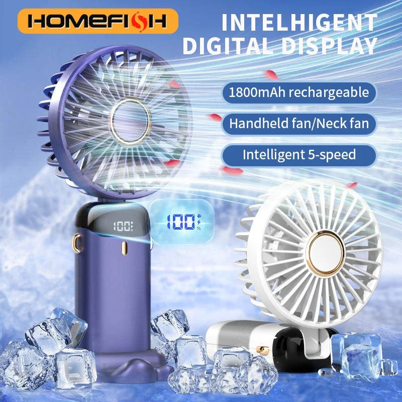 Portable Handheld Rechargeable Fan – LED Display, 5 Speeds, 90° Adjustable, Aromatherapy