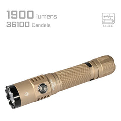 Gold flashlight with specifications on a white background