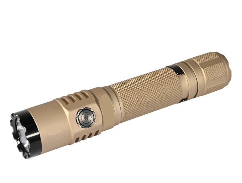 Gold flashlight with specifications on a white background