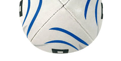 A close-up of a white soccer ball with blue curved stripes and black accents, isolated on a white background.