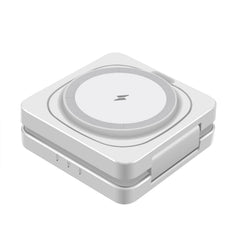 A square white wireless charging pad with rounded corners, featuring a circular top surface with a centered lightning bolt symbol and a textured ring detail, shown on a plain white background.