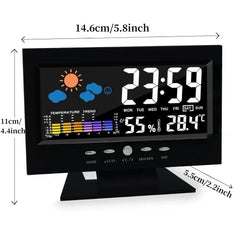 Digital clock with weather display and measurements, showing dimensions.