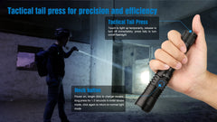 Tactical tail press flashlight being used with text on precision and efficiency.