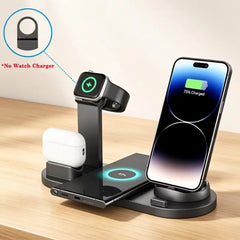 A black 3-in-1 wireless charging stand on a wooden table, shown with a smartphone, smartwatch, and wireless earbud case. A circular inset diagram in the top left highlights the watch charging function.