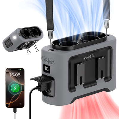 A gray and black portable cooling fan product shown on a clean white background, with blue and red airflow graphics, a phone charging via USB-C, and an inset view of the fan head. The product is labeled 'Socool fan'.