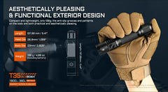 A tactical flashlight shown being held by a hand wearing a tan glove, with marketing text and product dimensions on a dark blue background.
