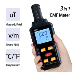 3-in-1 EMF meter held in a hand with labeled functions on a white background