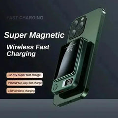 Super magnetic wireless fast charging device with text on a dark background