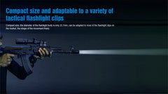 Person holding a rifle with a flashlight attached, on a dark background with text about flashlight compatibility.