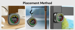 A three-panel infographic titled 'Placement Method' showing a round digital pest repellent or doorbell device mounted and hanging in different real-world settings: on a wooden shelf, hanging from a hook, and attached to a dark gray door frame.