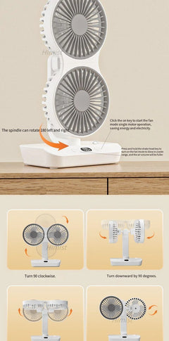 Portable fan on a wooden surface with usage instructions displayed.