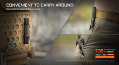 Tactical flashlight on a belt with text 'Convenient to carry around' and product branding.
