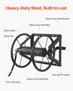 Wall Mounted Garden Hose Reel, Holds 200 ft 5/8-inch Manual Water Hose Winder, Heavy-Duty Steel, Outdoor Reel with Brass Fitting