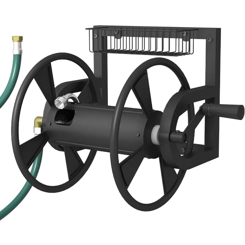 Black metal outdoor hose reel with a hand crank, wall-mounted bracket, and attached black wire hose holder, shown with a green garden hose on a white background.
