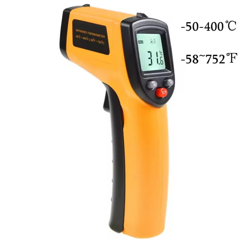 Infrared thermometer with digital display on a white background