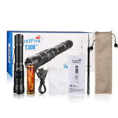 TrustFire T30R flashlight set with packaging, battery, and accessories on a white background