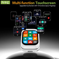 Smartwatch with multiple app icons on the screen, featuring HTC branding.
