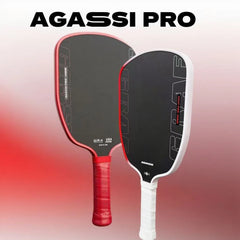 Two pickleball paddles with red and white handles on a gradient background, featuring the Agassi Pro brand.