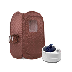 Brown portable sauna tent with a white control panel on a white background