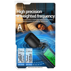 Product packaging for a high-precision noise meter, featuring a black foam windscreen, a digital display screen, and a blue graphic with a sleeping person in a bedroom to illustrate its use.