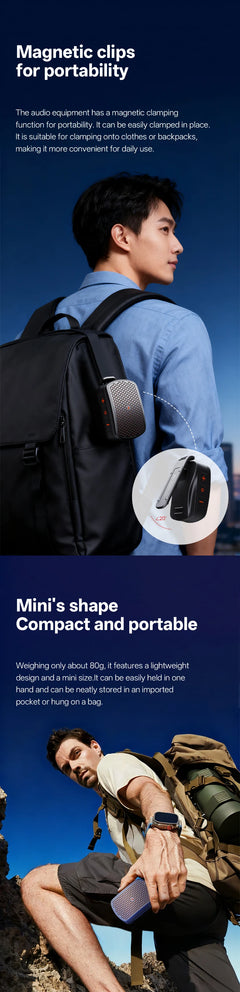 Promotional graphic for a magnetic backpack clip, showing a man wearing a black backpack with the clip attached, alongside a circular inset of the black clip and text describing its magnetic, compact, and portable features.