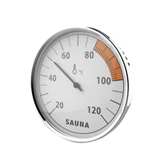 A round analog sauna thermometer gauge with a chrome bezel, white face, black temperature markings up to 120 degrees Celsius, and an orange warning zone near the upper right.