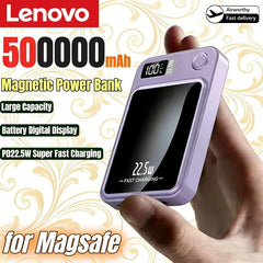 Lenovo 50000mAh magnetic power bank with digital display held by a hand on a decorative background.