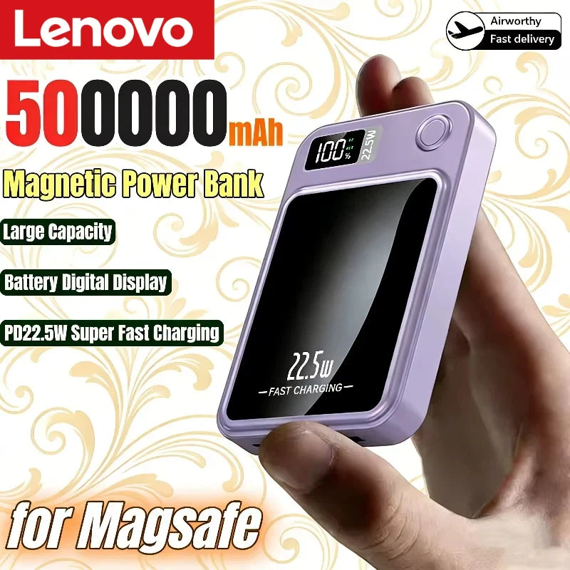 Lenovo 50000mAh magnetic power bank with digital display held by a hand on a decorative background.