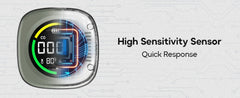 A high sensitivity sensor with a digital display showing '00' and '80F', presented on a light gray background with circuit board patterns and the text 'High Sensitivity Sensor' and 'Quick Response'.