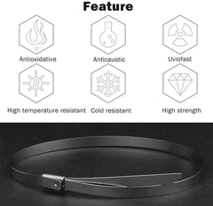 Black belt with features listed above on a dark background