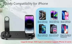 A black multi-device wireless charging dock shown on a light gray background, with a smartphone placed on top. Text at the top reads 'Widely Compatibility for iPhone,' and a blue panel on the right shows compatibility with many iPhone and iPad models.