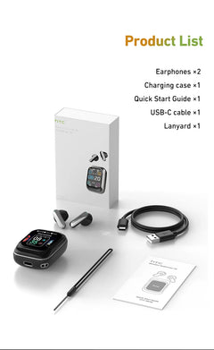 Collection of HTC product packaging, earphones, charging case, USB-C cable, and lanyard on a white background.