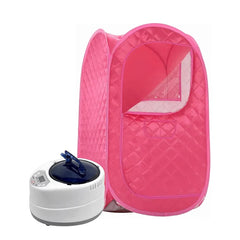 Pink portable sauna tent with a white control unit on a white background