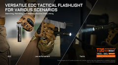 Tactical flashlight with gloved hand holding it, used for searching, patrolling, self-defense, routine check, hiking, with Acebeam branding.