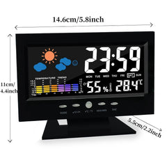 Digital clock with weather display and measurements, showing dimensions on a white background.