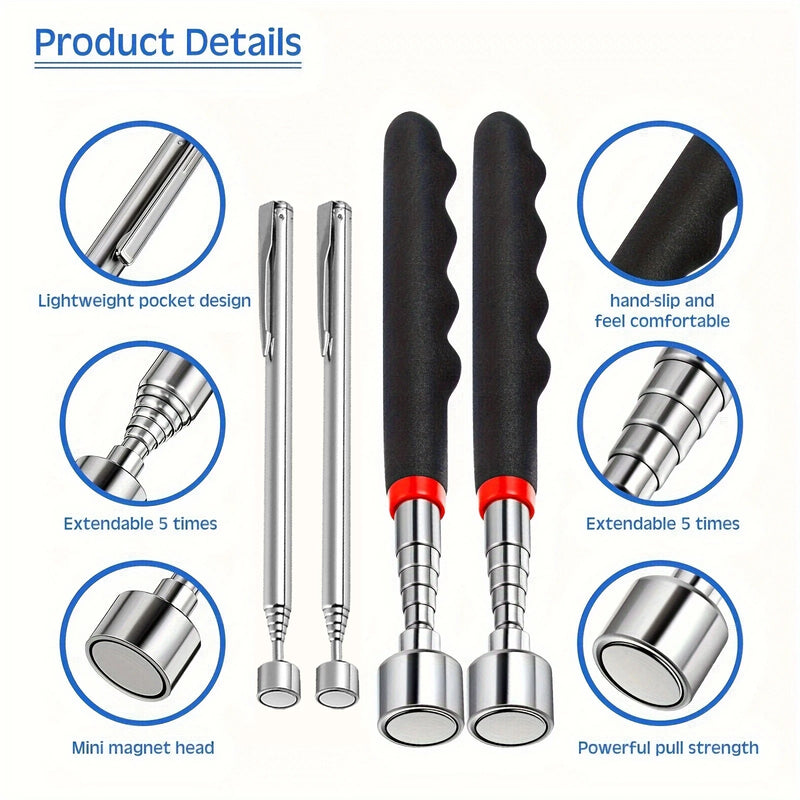 Two extendable tools with black handles and red accents, featuring magnetic heads and various design features.