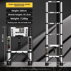 A telescopic straight ladder shown in both folded and extended states on a dark studio background, with text listing dimensions and weight. The ladder has a silver aluminum frame with black sections and small multicolor label graphics.
