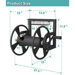 Product size diagram of a black garden hose reel with dimension measurements in inches, including width, height, and depth, on a white background with a teal header reading 'Product Size'.