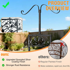 Product overview of a decorative metal stand with upgraded spangled silver coating finish, set against a garden background.