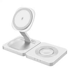 A white 3-in-1 wireless charging stand with a fold-out tablet tray, a charging dock, and a square wireless charger pad, shown on a solid white background.