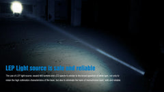 LEP light source illuminating a dark surface with text about safety and reliability.