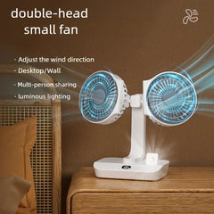 Double-head small fan on a wooden surface with text highlighting features.