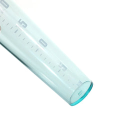 Clear measuring cylinder with measurement markings on a white background