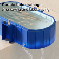 Blue inflatable pool with double hole drainage system on a light background