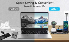 A promotional comparison graphic showing a laptop centered on a desk with various charging accessories around it. The left side is labeled 'Before' and shows cluttered charging cords, adapters, a phone, and earbuds.